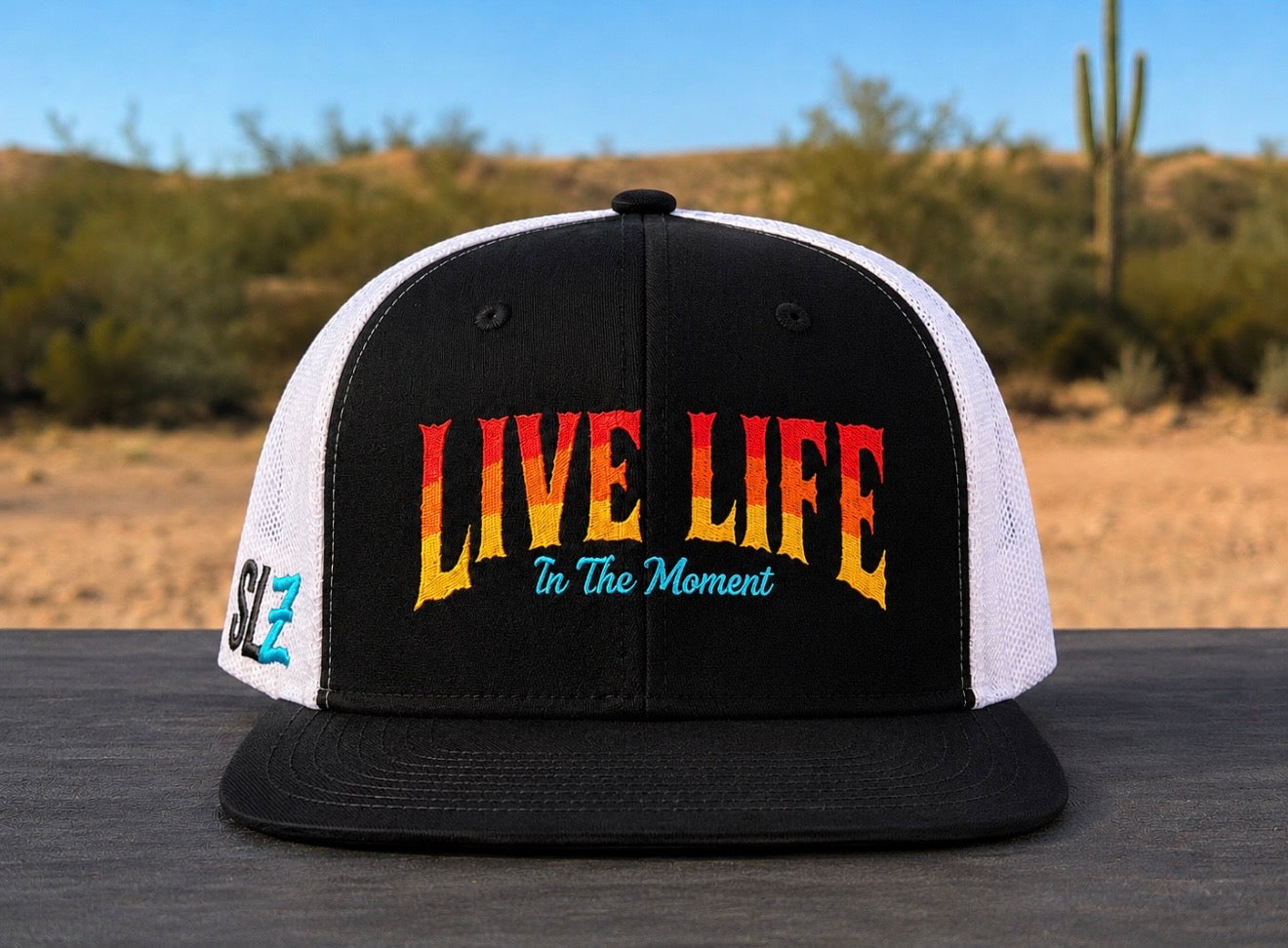 Live Life in the Moment Embroidered flat-bill Trucker Hat