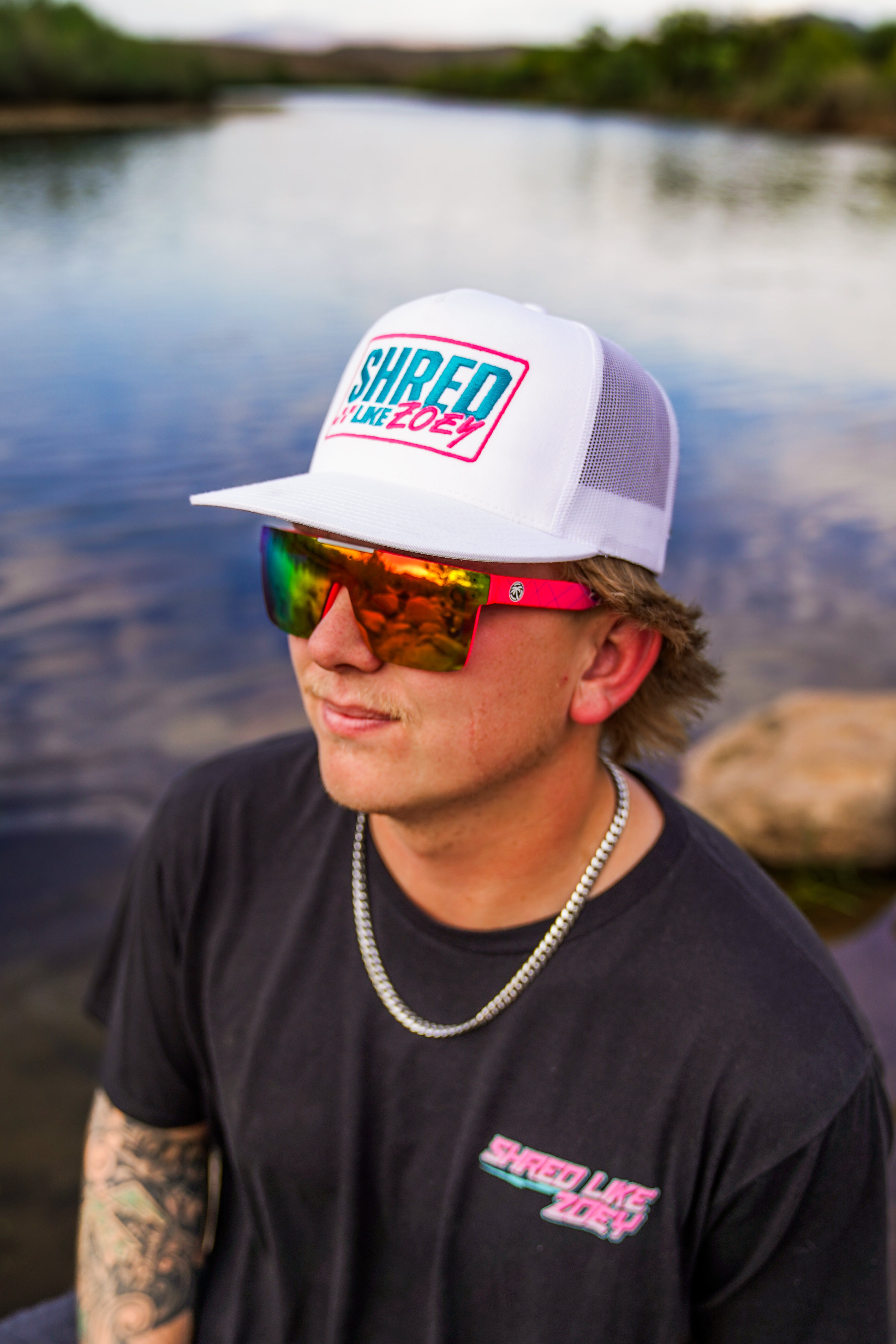 White Classics Hat with Pink and Teal logo