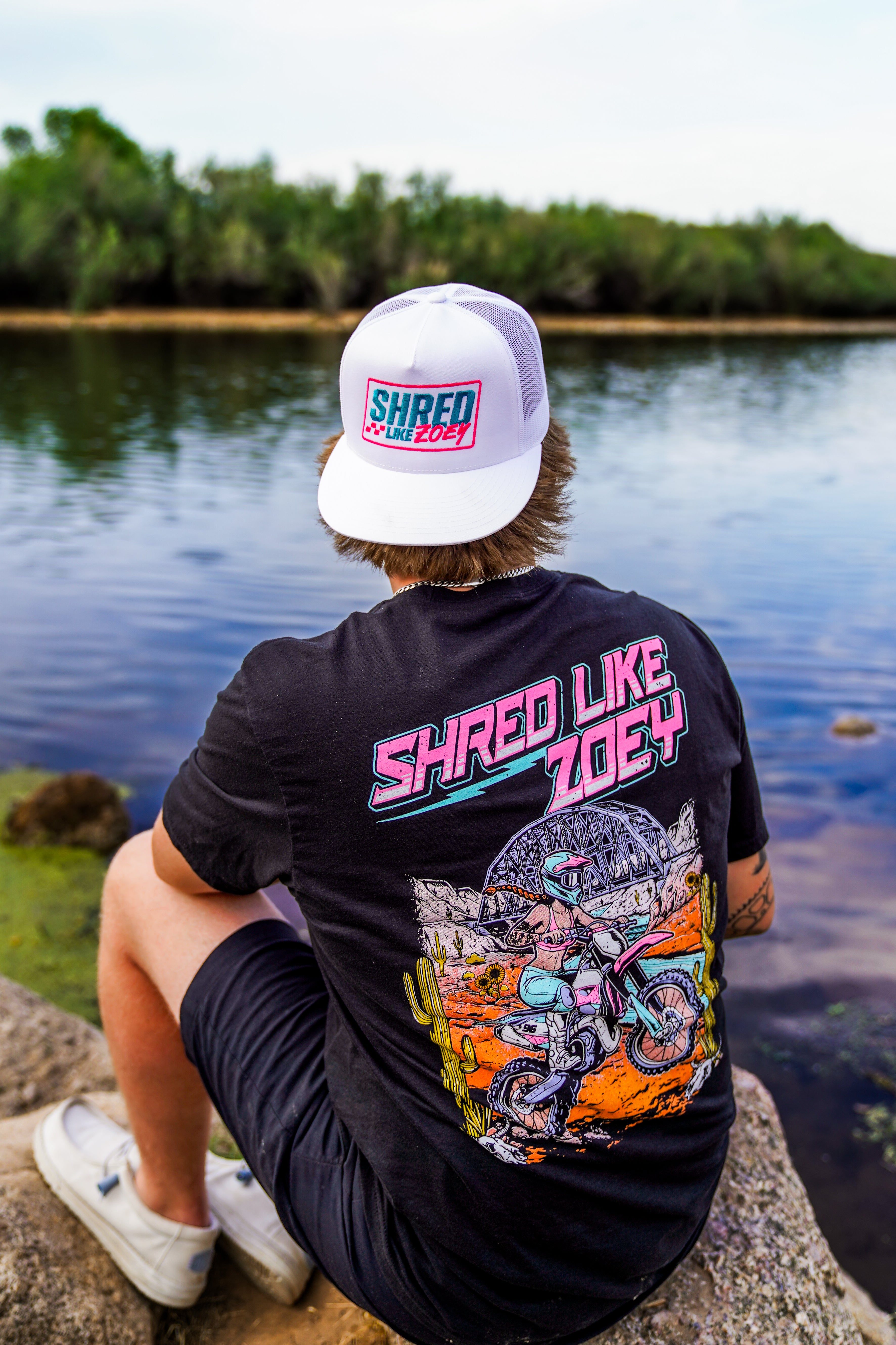 White Classics Hat with Pink and Teal logo
