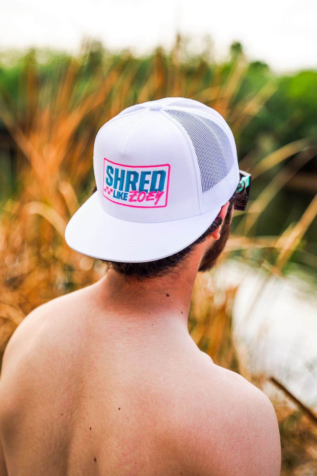 White Classics Hat with Pink and Teal logo